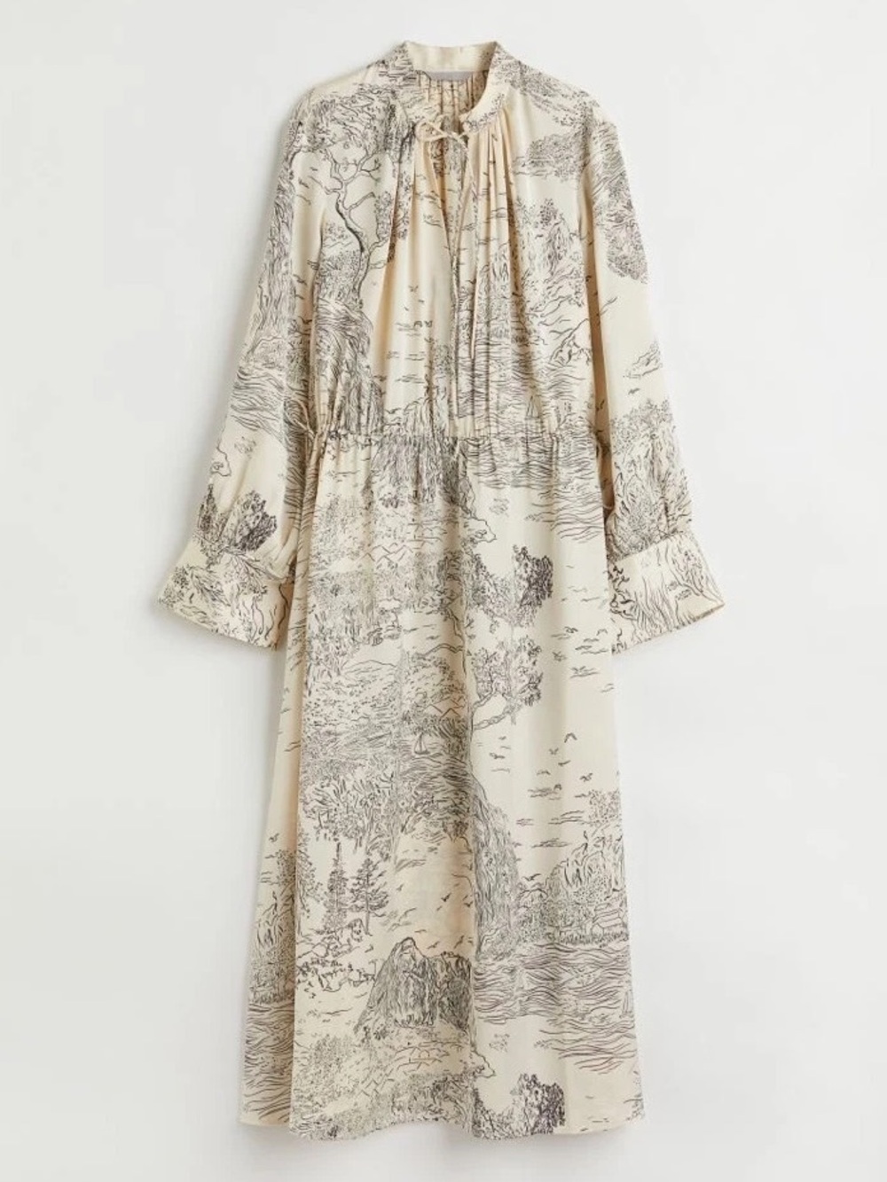 H&M French Toile Sailboat Satin Long Dress Size Large Feminine Long Sleeve